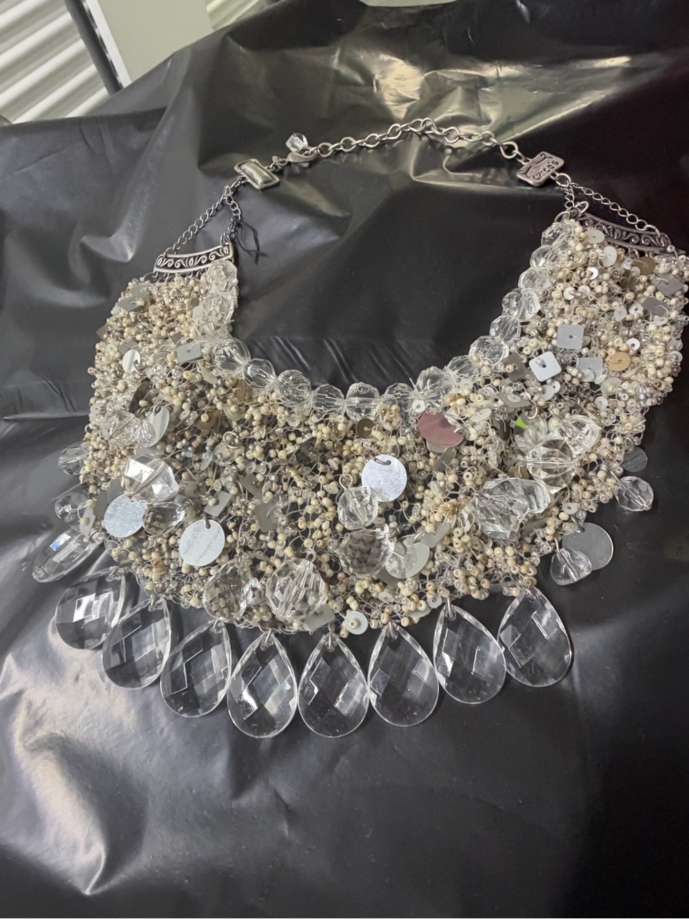Chico's Silver Tone Crystal Fringe Bib Necklace